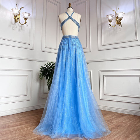 Blue Sexy A-Line 2025 Beaded Halter Graduation School Party Gown  Celebrity Prom Dresses LA71882
