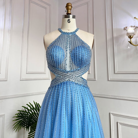 Blue Sexy A-Line 2025 Beaded Halter Graduation School Party Gown  Celebrity Prom Dresses LA71882
