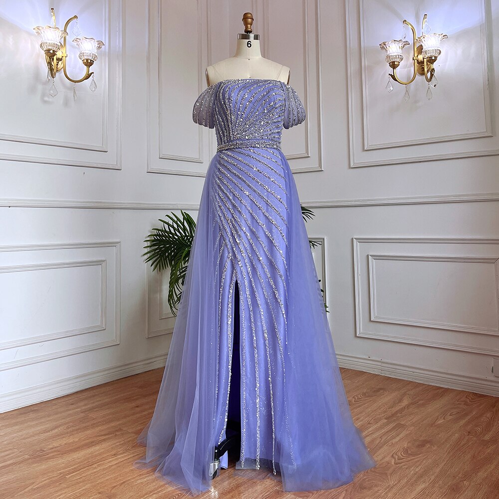 Blue Sexy Boat Neck Split Mermaid Elegant Beaded Arabic Evening Dresses Gowns For Woman Wedding Party 2025 LA71858