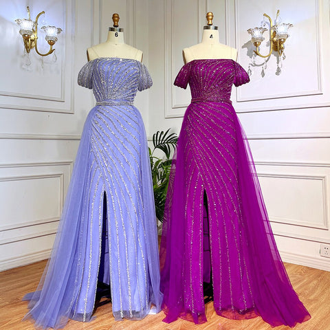 Blue Sexy Boat Neck Split Mermaid Elegant Beaded Arabic Evening Dresses Gowns For Woman Wedding Party 2025 LA71858