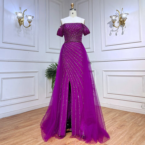 Blue Sexy Boat Neck Split Mermaid Elegant Beaded Arabic Evening Dresses Gowns For Woman Wedding Party 2025 LA71858