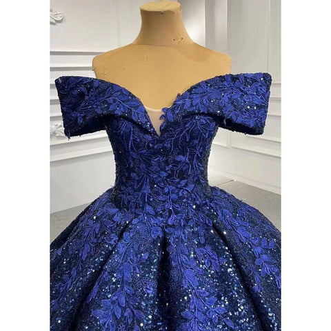 Blue Sexy Off Shoulder Luxury Beaded Sequined Up Bride Gowns Wedding Dress 2025 High End Custom Made HM66536B