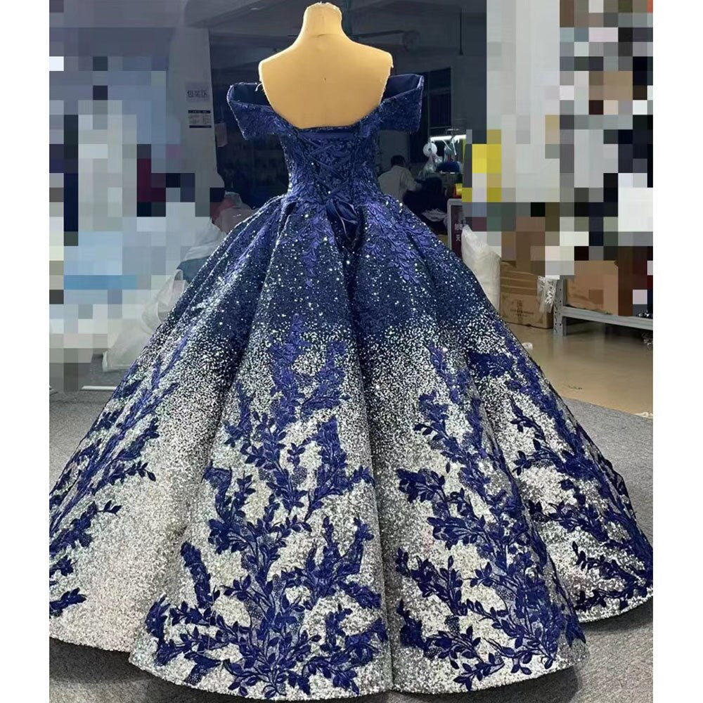 Blue Sexy Off Shoulder Luxury Beaded Sequined Up Bride Gowns Wedding Dress 2025 High End Custom Made HM66536B