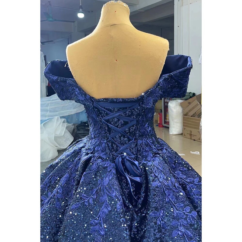 Blue Sexy Off Shoulder Luxury Beaded Sequined Up Bride Gowns Wedding Dress 2025 High End Custom Made HM66536B