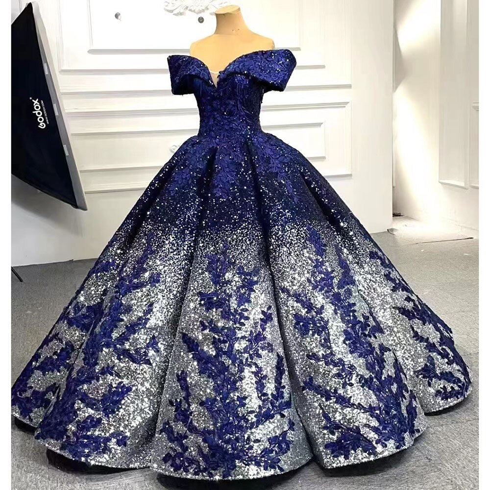 Blue Sexy Off Shoulder Luxury Beaded Sequined Up Bride Gowns Wedding Dress 2025 High End Custom Made HM66536B