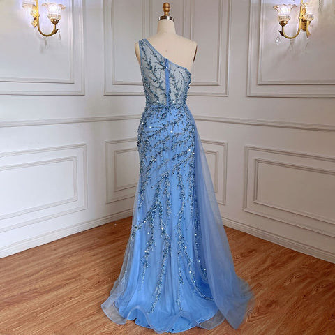 Blue Sexy One Shoulder Mermaid Elegant Beaded Arabic Evening Dresses Gowns For Woman Wedding Party 2025 LA71653B