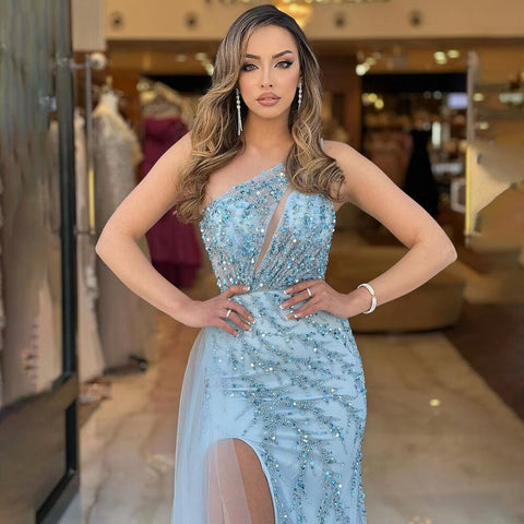 Blue Sexy One Shoulder Mermaid Elegant Beaded Arabic Evening Dresses Gowns For Woman Wedding Party 2025 LA71653B