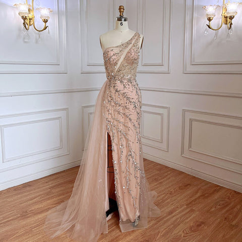 Blue Sexy One Shoulder Mermaid Elegant Beaded Arabic Evening Dresses Gowns For Woman Wedding Party 2025 LA71653B