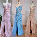Blue Sexy One Shoulder Mermaid Elegant Beaded Arabic Evening Dresses Gowns For Woman Wedding Party 2025 LA71653B