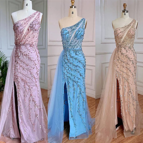 Blue Sexy One Shoulder Mermaid Elegant Beaded Arabic Evening Dresses Gowns For Woman Wedding Party 2025 LA71653B