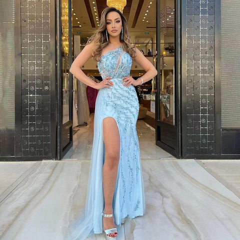 Blue Sexy One Shoulder Mermaid Elegant Beaded Arabic Evening Dresses Gowns For Woman Wedding Party 2025 LA71653B