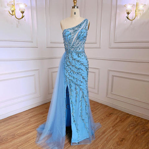 Blue Sexy One Shoulder Mermaid Elegant Beaded Arabic Evening Dresses Gowns For Woman Wedding Party 2025 LA71653B