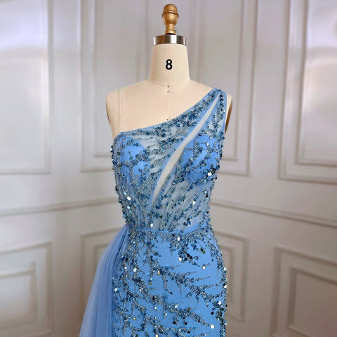 Blue Sexy One Shoulder Mermaid Elegant Beaded Arabic Evening Dresses Gowns For Woman Wedding Party 2025 LA71653B
