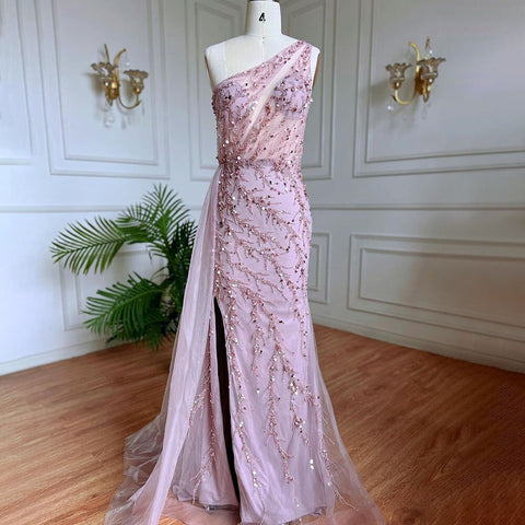 Blue Sexy One Shoulder Mermaid Elegant Beaded Arabic Evening Dresses Gowns For Woman Wedding Party 2025 LA71653B