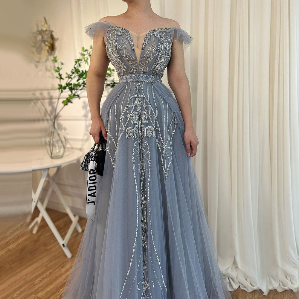 Blue Sexy Spaghetti Straps A Line Beaded Arabic Luxury Evening Dresses Gowns 2025 For Women Party LA71850
