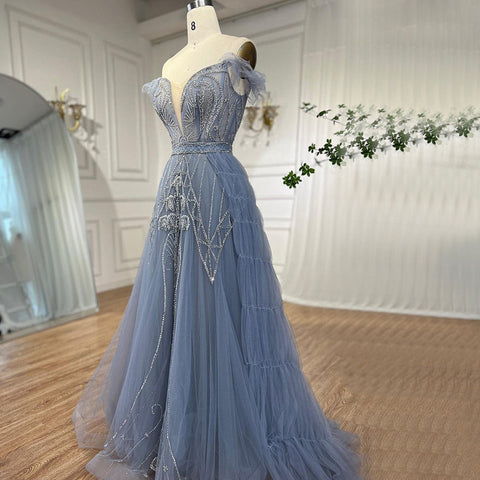Blue Sexy Spaghetti Straps A Line Beaded Arabic Luxury Evening Dresses Gowns 2025 For Women Party LA71850