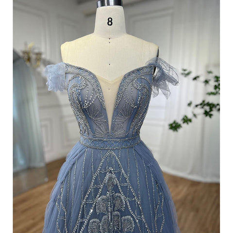 Blue Sexy Spaghetti Straps A Line Beaded Arabic Luxury Evening Dresses Gowns 2025 For Women Party LA71850