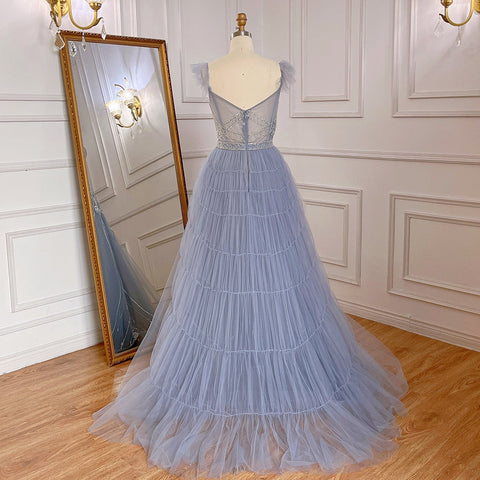 Blue Sexy Spaghetti Straps A Line Beaded Arabic Luxury Evening Dresses Gowns 2025 For Women Party LA71850