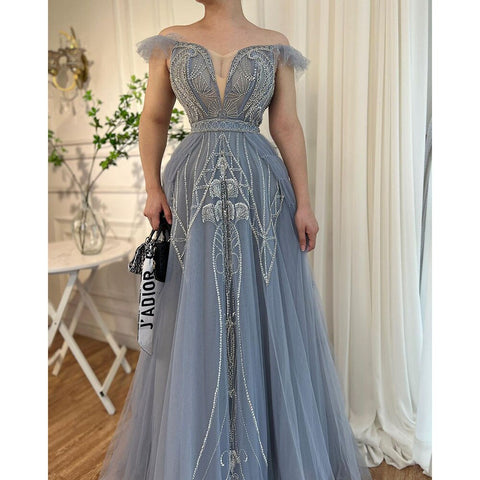 Blue Sexy Spaghetti Straps A Line Beaded Arabic Luxury Evening Dresses Gowns 2025 For Women Party LA71850