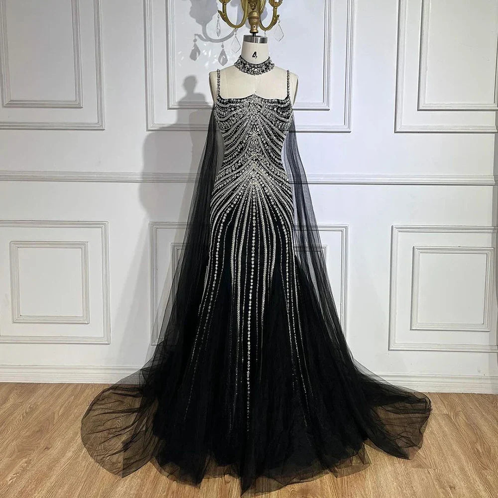 Blue Spaghetti Strap Long Cloak Mermaid Beaded Lace up Luxury Evening Dresses Gowns for Women Wedding Party LA72440