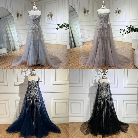 Blue Spaghetti Strap Long Cloak Mermaid Beaded Lace up Luxury Evening Dresses Gowns for Women Wedding Party LA72440