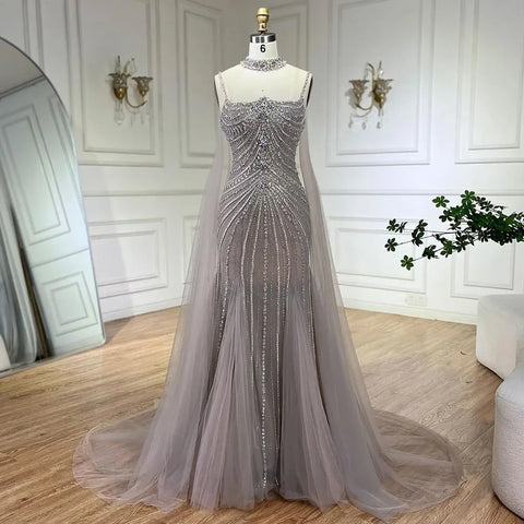 Blue Spaghetti Strap Long Cloak Mermaid Beaded Lace up Luxury Evening Dresses Gowns for Women Wedding Party LA72440