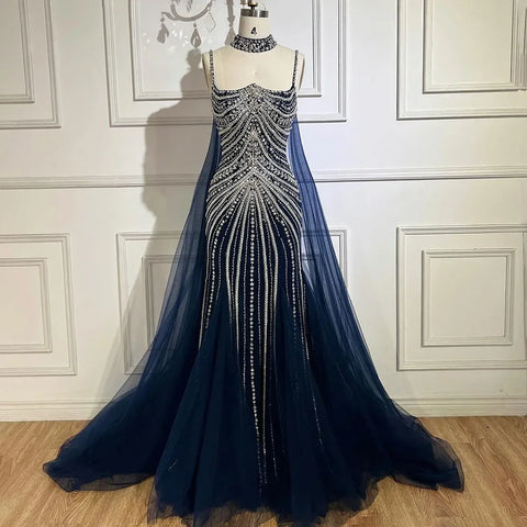 Blue Spaghetti Strap Long Cloak Mermaid Beaded Lace up Luxury Evening Dresses Gowns for Women Wedding Party LA72440