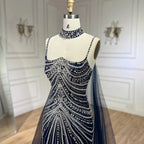 Blue Spaghetti Strap Long Cloak Mermaid Beaded Lace up Luxury Evening Dresses Gowns for Women Wedding Party LA72440