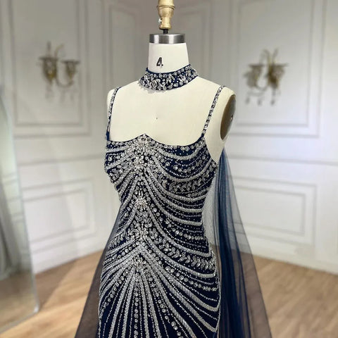 Blue Spaghetti Strap Long Cloak Mermaid Beaded Lace up Luxury Evening Dresses Gowns for Women Wedding Party LA72440