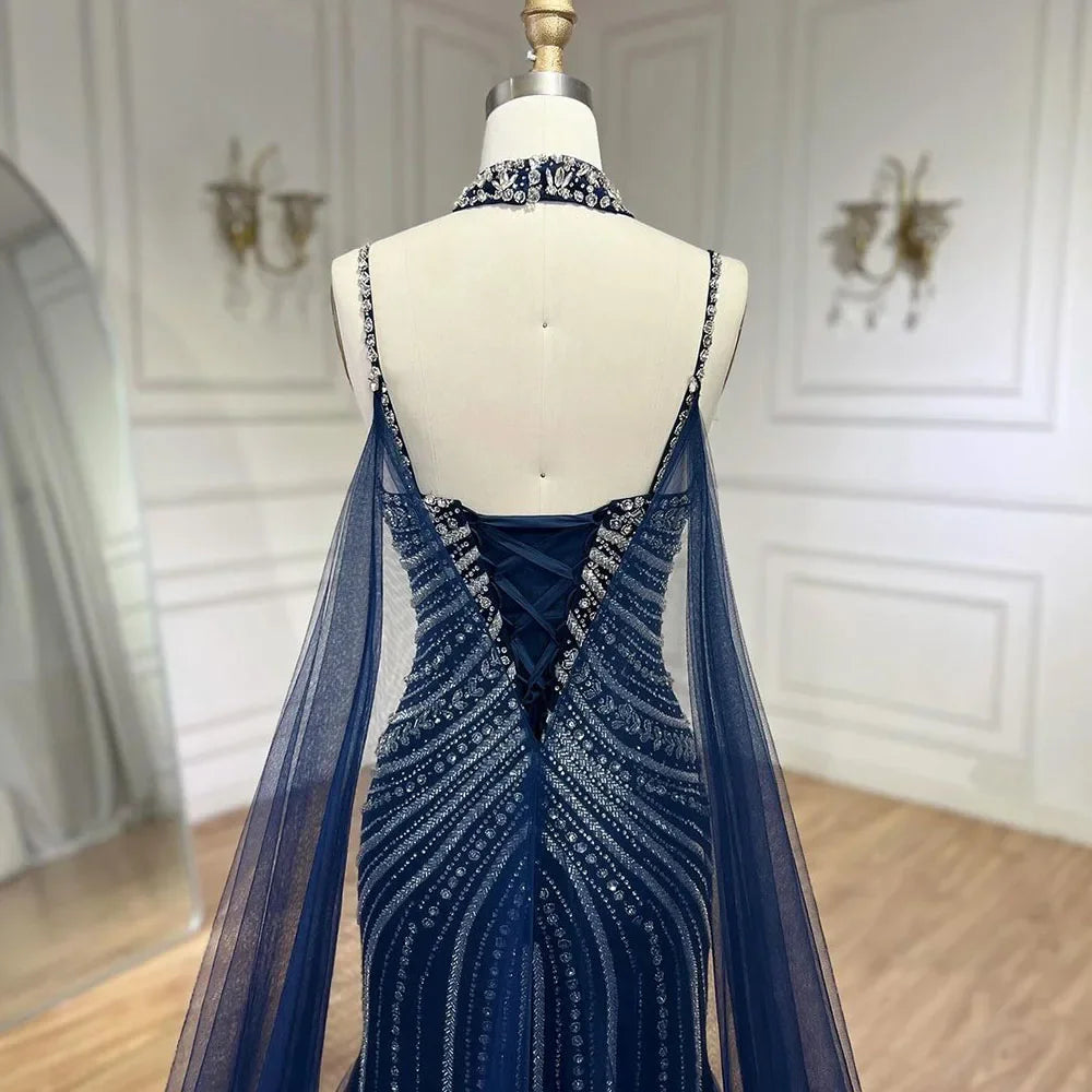 Blue Spaghetti Strap Long Cloak Mermaid Beaded Lace up Luxury Evening Dresses Gowns for Women Wedding Party LA72440