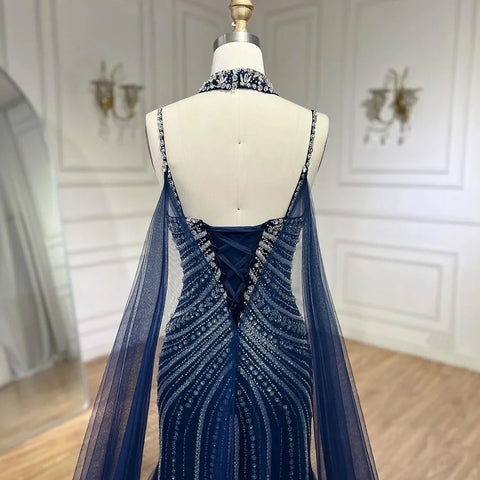 Blue Spaghetti Strap Long Cloak Mermaid Beaded Lace up Luxury Evening Dresses Gowns for Women Wedding Party LA72440