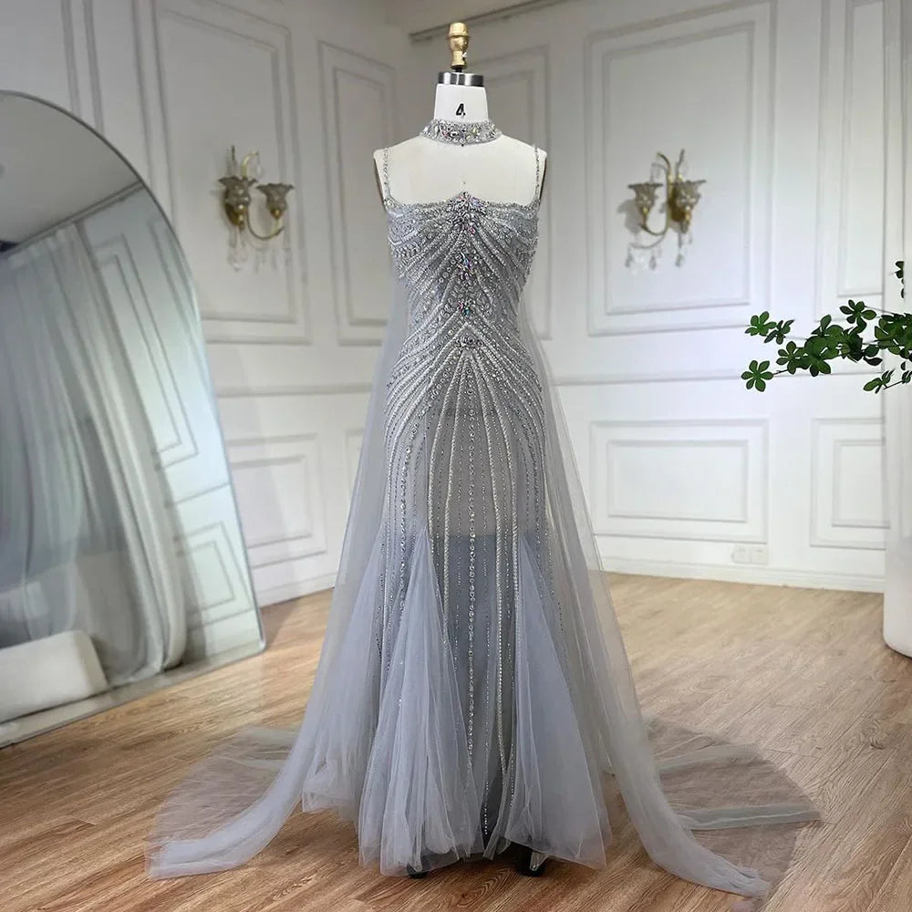 Blue Spaghetti Strap Long Cloak Mermaid Beaded Lace up Luxury Evening Dresses Gowns for Women Wedding Party LA72440