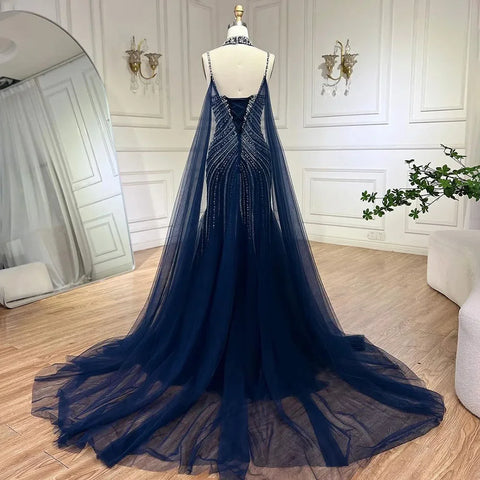 Blue Spaghetti Strap Long Cloak Mermaid Beaded Lace up Luxury Evening Dresses Gowns for Women Wedding Party LA72440