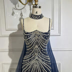 Blue Spaghetti Strap Long Cloak Mermaid Beaded Lace up Luxury Evening Dresses Gowns for Women Wedding Party LA72440
