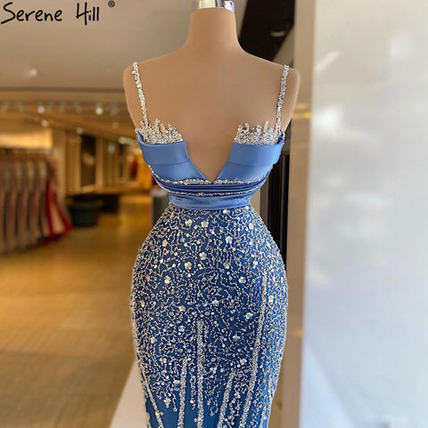 Blue Spaghetti Strap Mermaid Evening Dresses Gowns 2025 Luxury Beaded Elegant For Women Party LA71243