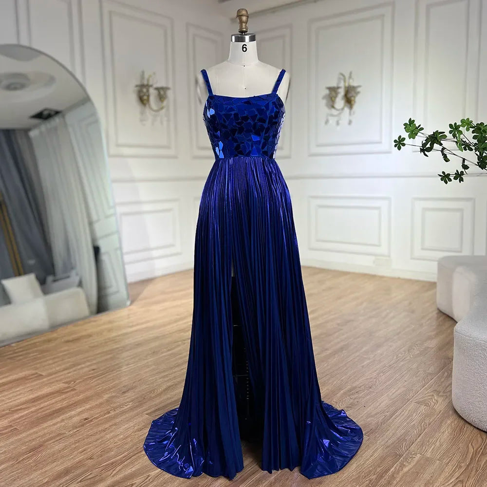Blue Spaghetti Straps Lace-Up Back Mermaid Beaded Sequined Prom Dress for Women Wedding Party 2025 LA72612