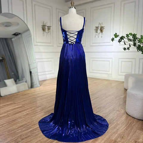 Blue Spaghetti Straps Lace-Up Back Mermaid Beaded Sequined Prom Dress for Women Wedding Party 2025 LA72612