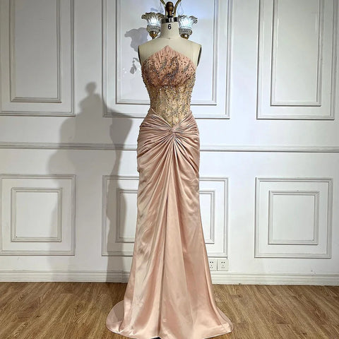 Blue Split Strapless Mermaid Luxury Beaded Arabic Dubai Evening Dresses Gowns for Women Wedding Party 2025 LA72572