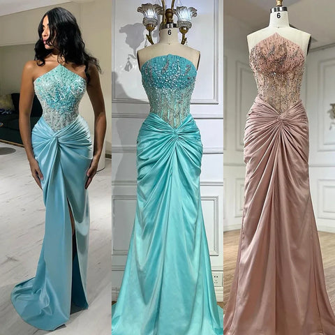 Blue Split Strapless Mermaid Luxury Beaded Arabic Dubai Evening Dresses Gowns for Women Wedding Party 2025 LA72572