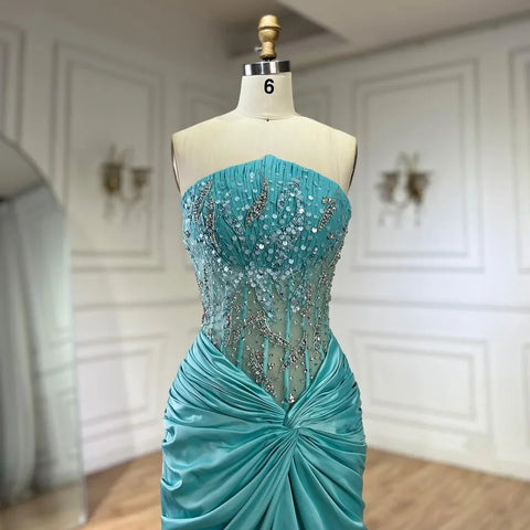 Blue Split Strapless Mermaid Luxury Beaded Arabic Dubai Evening Dresses Gowns for Women Wedding Party 2025 LA72572