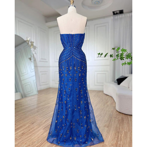 Blue Strapless Mermaid Overskirt Evening Party Gowns Beaded Elegant Formal Occasion Dresses For Women 2025 LA72051