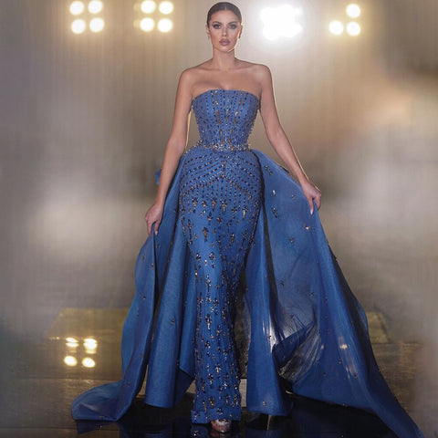 Blue Strapless Mermaid Overskirt Evening Party Gowns Beaded Elegant Formal Occasion Dresses For Women 2025 LA72051