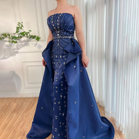 Blue Strapless Mermaid Overskirt Evening Party Gowns Beaded Elegant Formal Occasion Dresses For Women 2025 LA72051