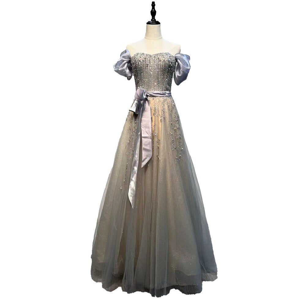 Blush Pink A-Line Sexy Off Shoulder Arabic Beading Crystal Luxury Evening Dress Women Formal Prom Dresse LA71745