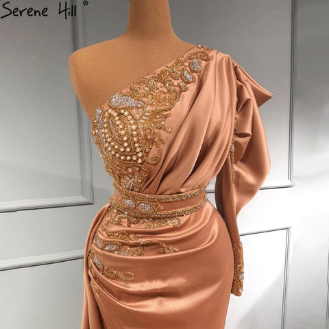 Blush Pink Mermiad Satin Evening Dresses Gowns 2025 One Shoulder Elegant Beaded For Women Party LA71200