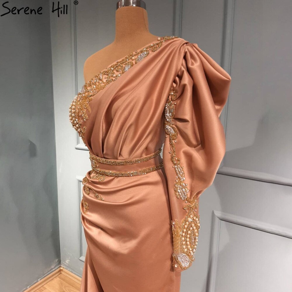 Blush Pink Mermiad Satin Evening Dresses Gowns 2025 One Shoulder Elegant Beaded For Women Party LA71200