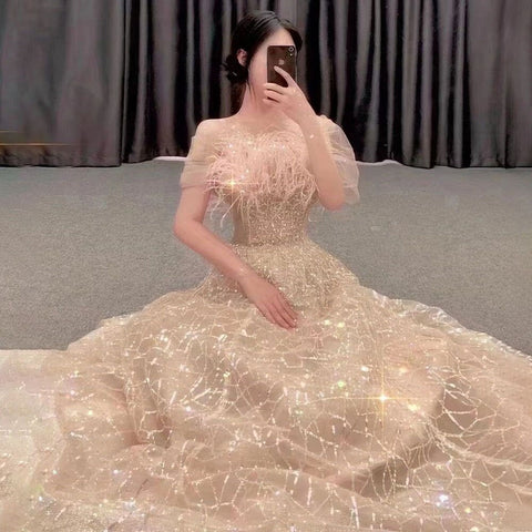 Blush Pink Sleeveless A Line Boat Neck Beaded Luxury Feathers Party Dresses Formal Women Evening 2025 LA71797