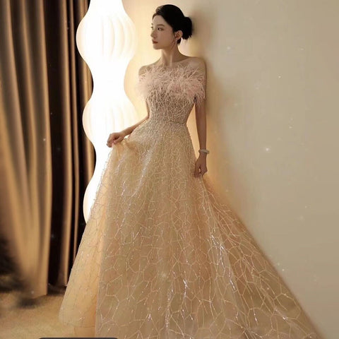 Blush Pink Sleeveless A Line Boat Neck Beaded Luxury Feathers Party Dresses Formal Women Evening 2025 LA71797