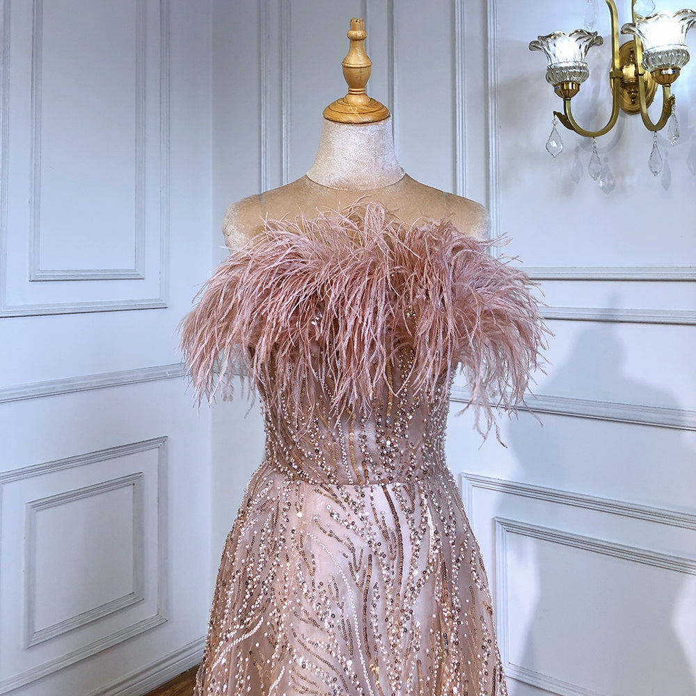 Blush Roze Strapless Luxe Avond Jurken 2025 Kralen Feather A-lijn Voor Vrouwen Party LA71560