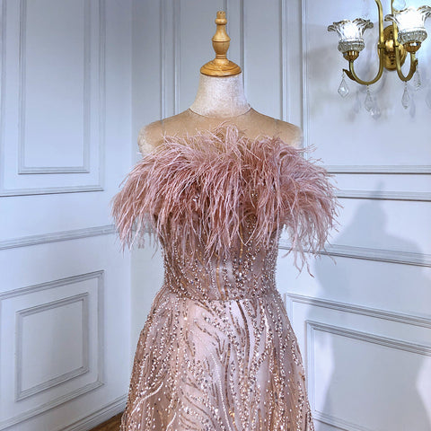 Blush Roze Strapless Luxe Avond Jurken 2025 Kralen Feather A-lijn Voor Vrouwen Party LA71560